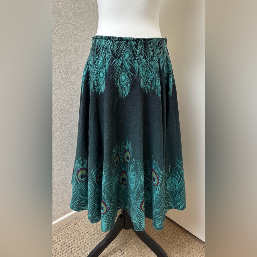 H&M peacock feather flare midi skirt size 6 turquoise green bohemian boho hippie - Picture 4 of 14